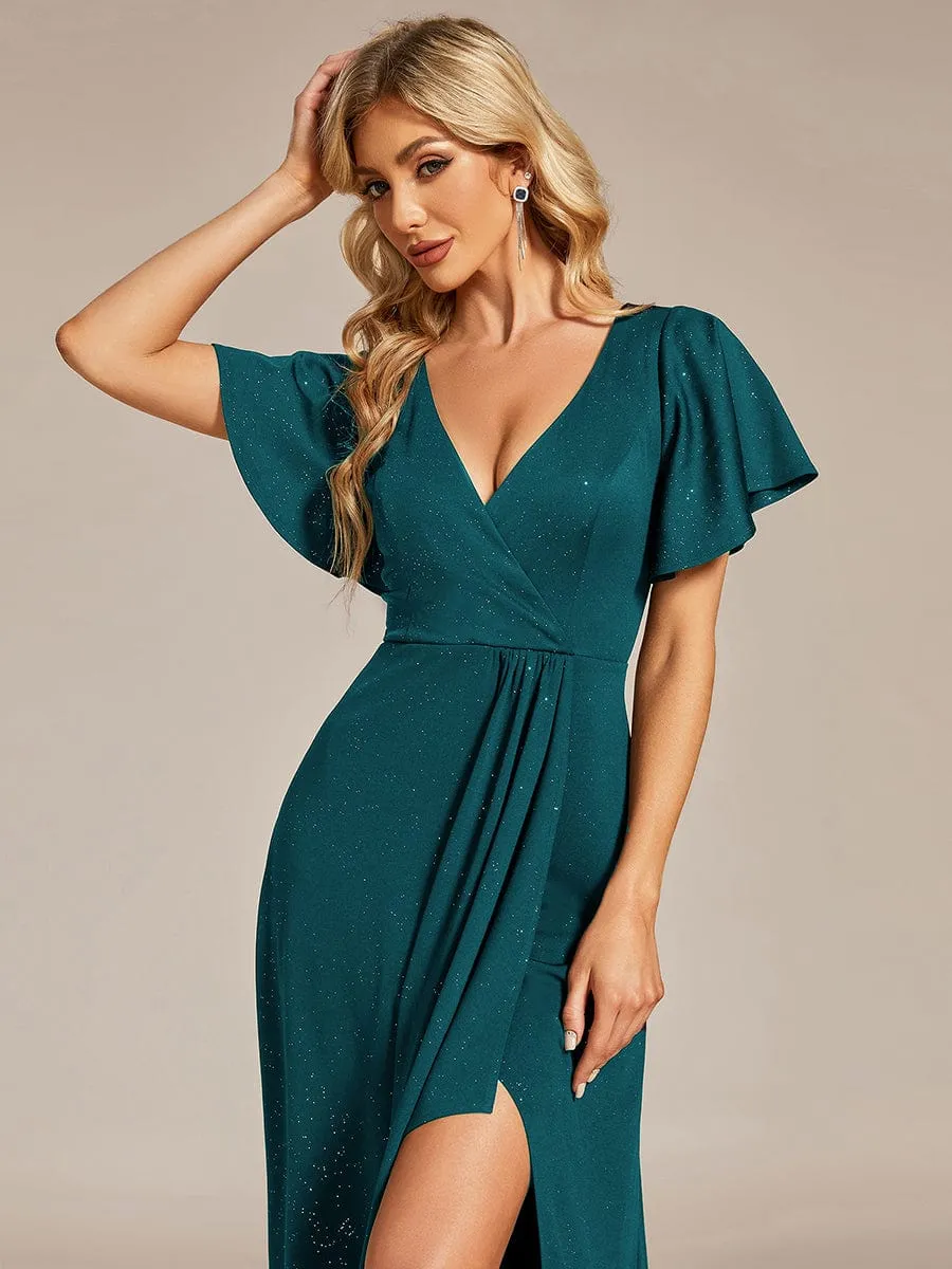 Glitter High-Low Front Side Slit Ruffled V-Neck Evening Dress