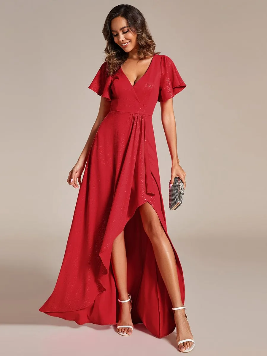 Glitter High-Low Front Side Slit Ruffled V-Neck Evening Dress