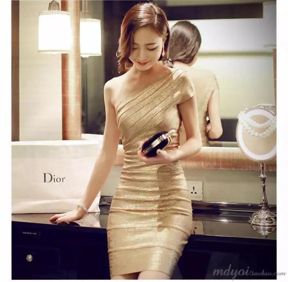 Gold Stamp One Shoulder Bandage Dress