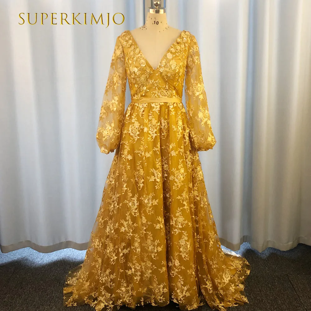 golden sparkly prom dresses long sleeve v neck elegant vintage lace applique prom gown robes de cocktail