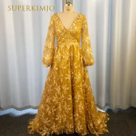 golden sparkly prom dresses long sleeve v neck elegant vintage lace applique prom gown robes de cocktail