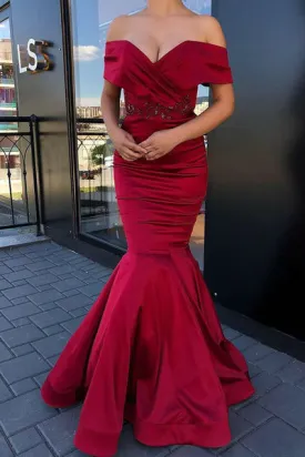 GORGEOUS OFF-THE-SHOULDER BURGUNDY JEWEL MERMAID PROM DRESS SA127