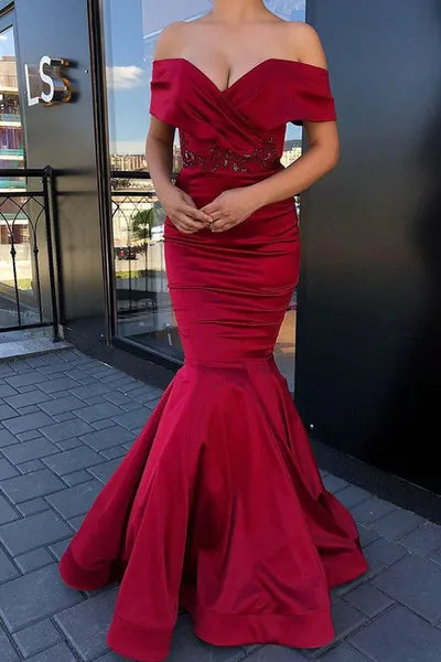 GORGEOUS OFF-THE-SHOULDER BURGUNDY JEWEL MERMAID PROM DRESS SA127