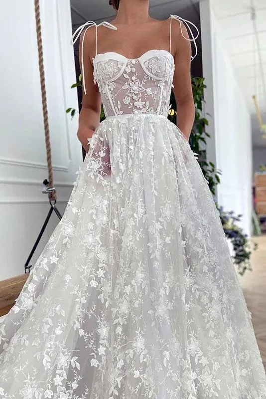 Gorgeous Off White Sweetheart Lace Prom Dress A-Line Spagetti Straps Long Evening Dress KS7950