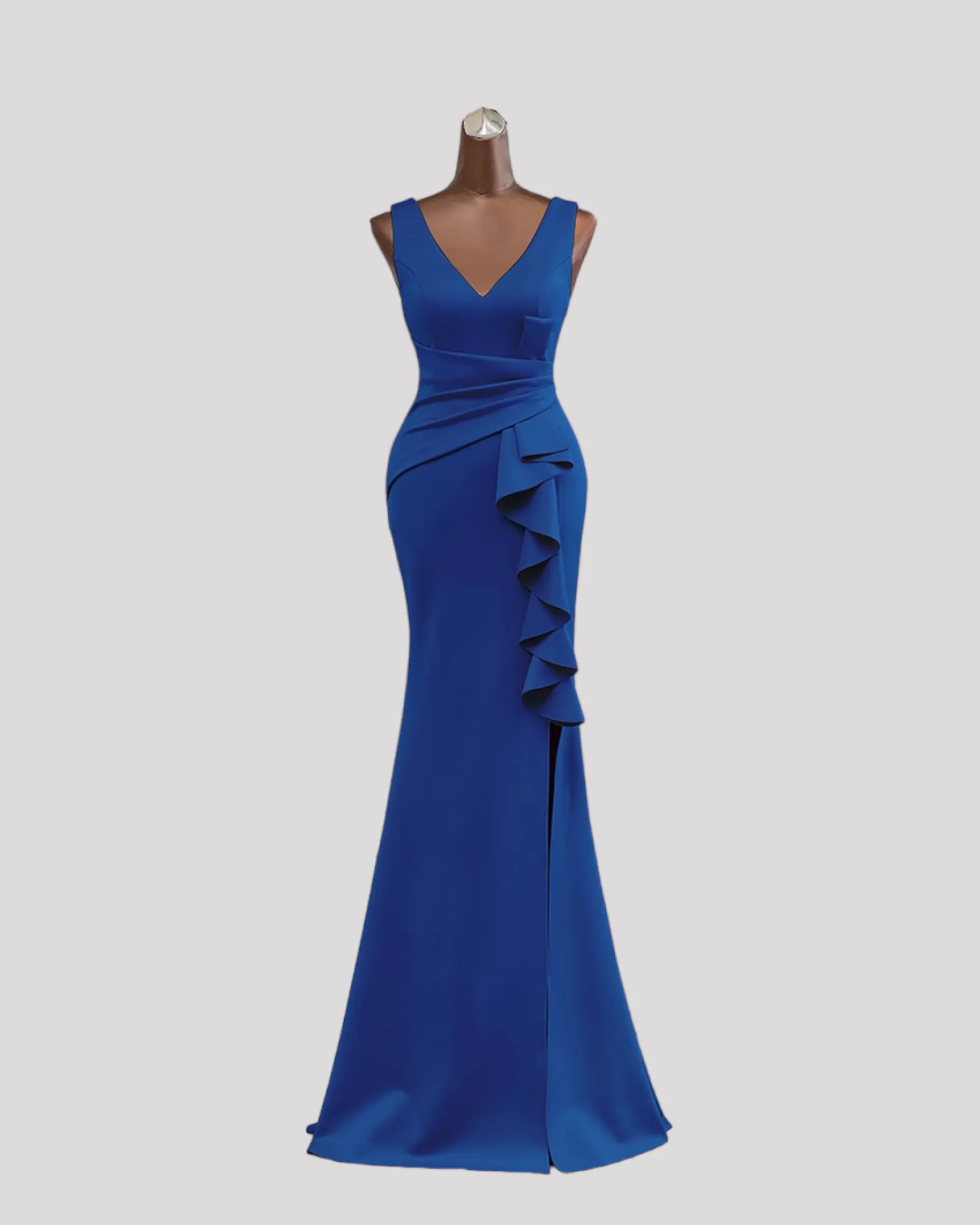 Gorgeous Pleated Bodice Evening Dress with Ruffle over Leg Split with a VNeckline Front and Back