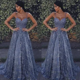 gray prom dresses long spaghetti straps sparkly elegant a line prom gown robe de soiree 2021