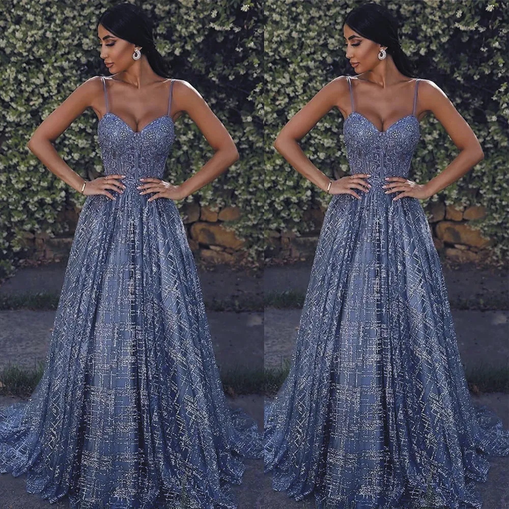 gray prom dresses long spaghetti straps sparkly elegant a line prom gown robe de soiree 2021