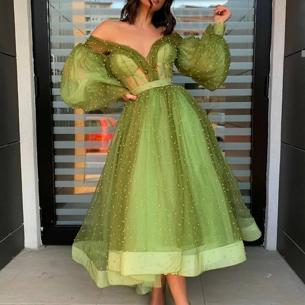 green beaded prom dresses flare sleeve deep v neck elegant prom gown 2021 vestidos de fiesta