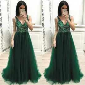 green prom dresses long v neck beaded tulle elegant sleeveless prom gown vestido de Longo 2020