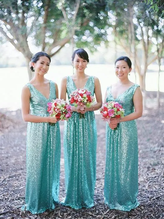 green sequin bridesmaid dresses long 2020 cheap v neck sparkle mermaid wedding party dress vestido de boda