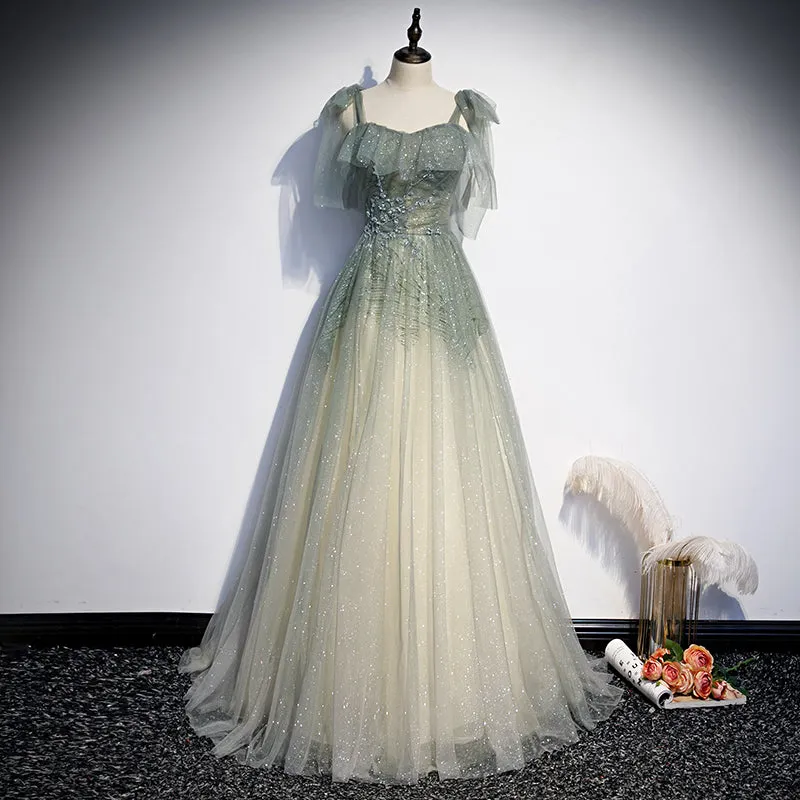 Green tulle long prom dress evening dress evening dress KS6998