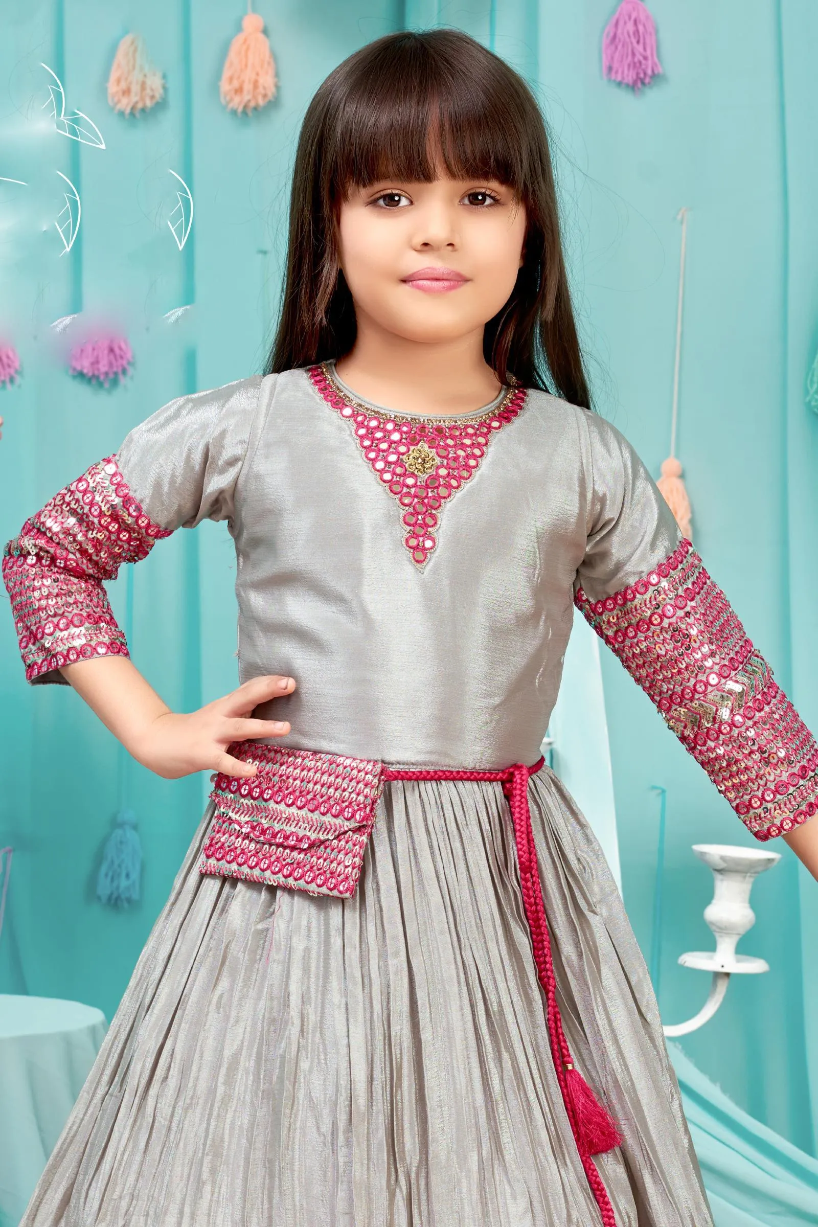 Grey Sequins, Mirror, Stone and Threadwork Long Party Gown for Girls with Matching Designer Bag