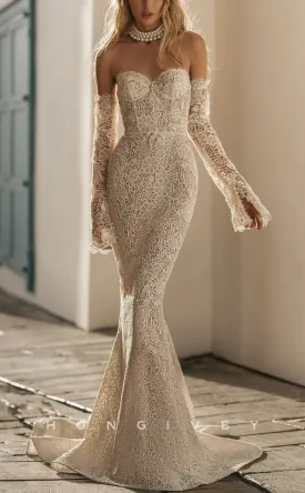 H0947 - Fully Lace Illusion Long Sleeves Mermaid With Train Long Wedding Dress