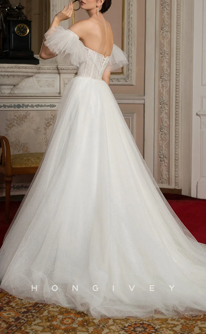 H1032 - Ornate Organza Sweetheart Strapless Puff Sleeves Gown Long Wedding Dress