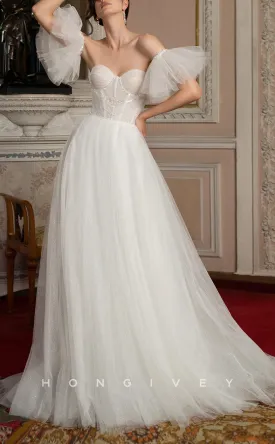 H1032 - Ornate Organza Sweetheart Strapless Puff Sleeves Gown Long Wedding Dress