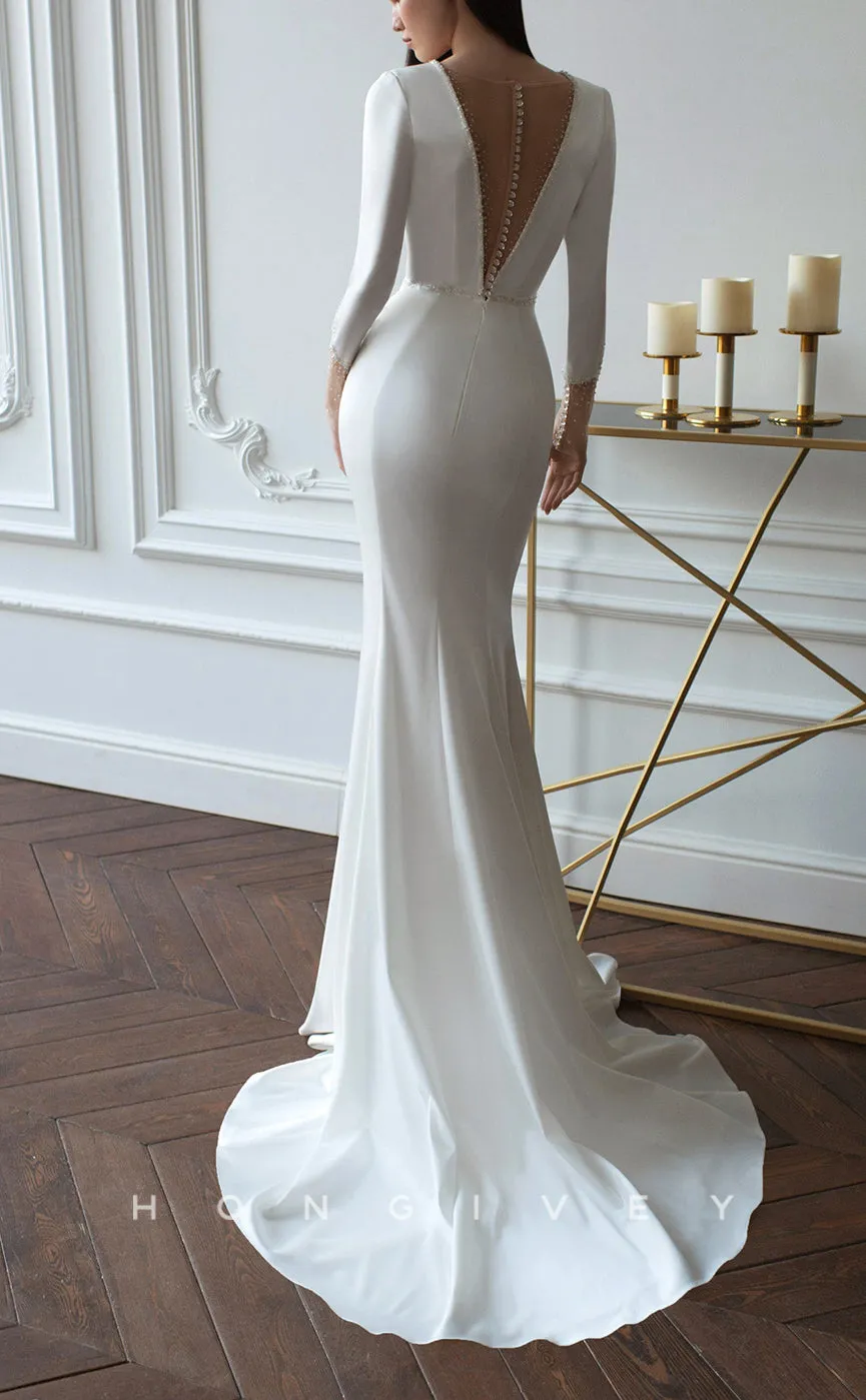 H1046 - Chic & Modern Satin Plunging Neck Long Sleeves Illusion With Sweep Train Wedding Dress