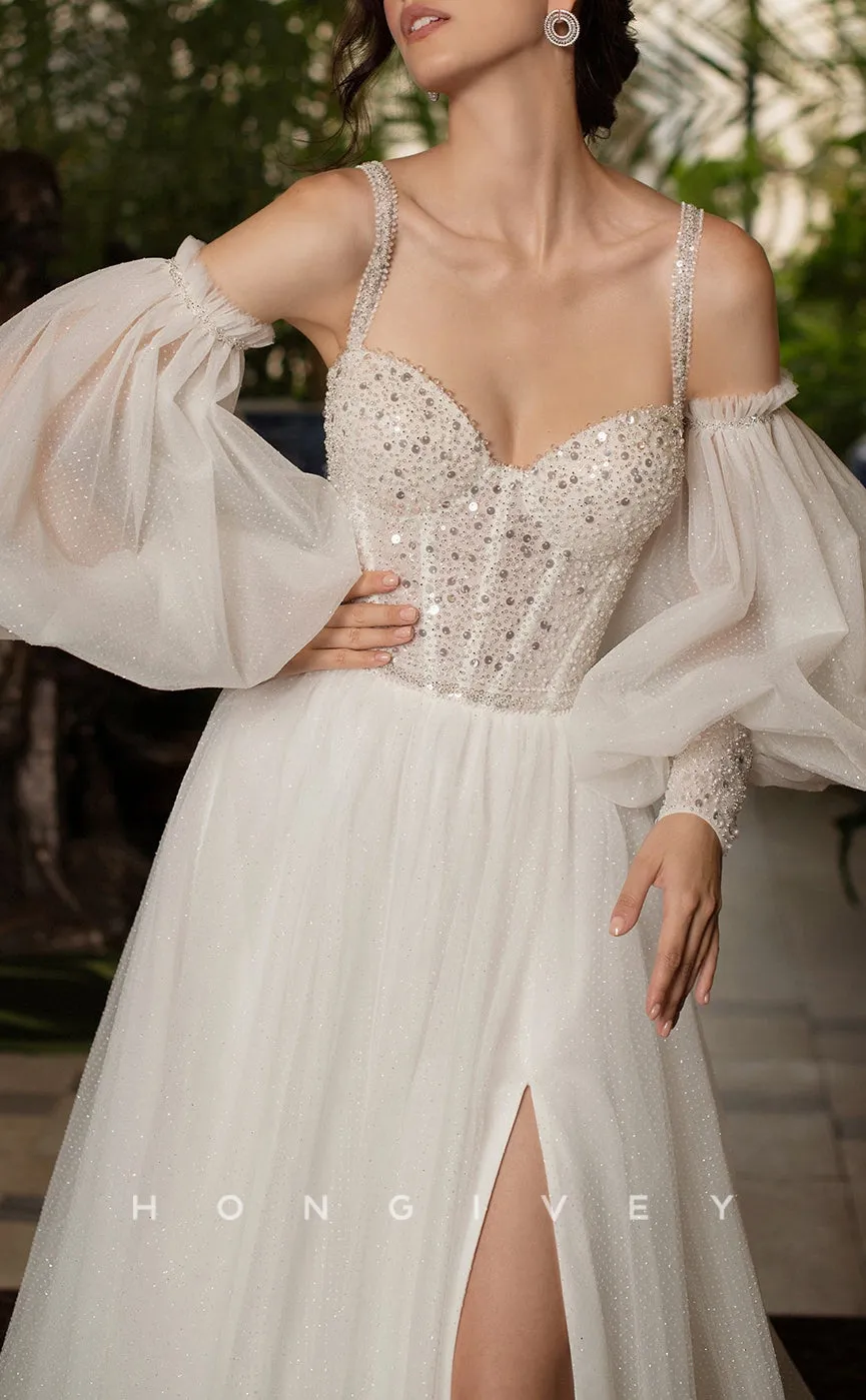 H1054 - Ornate Illusion Sequined Sweetheart Spaghetti Straps Long Sleeves With Side Slit Wedding Dress