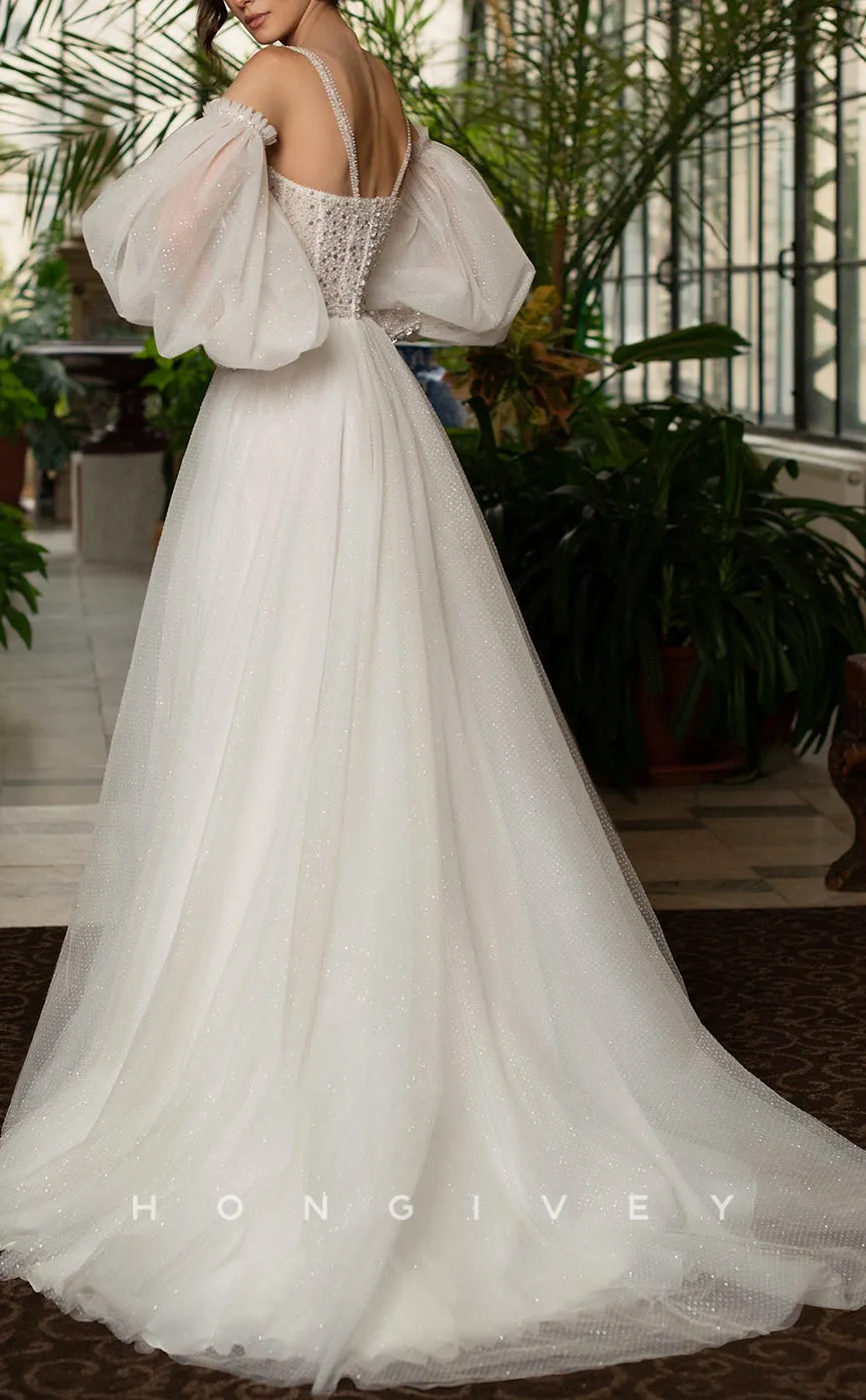 H1054 - Ornate Illusion Sequined Sweetheart Spaghetti Straps Long Sleeves With Side Slit Wedding Dress