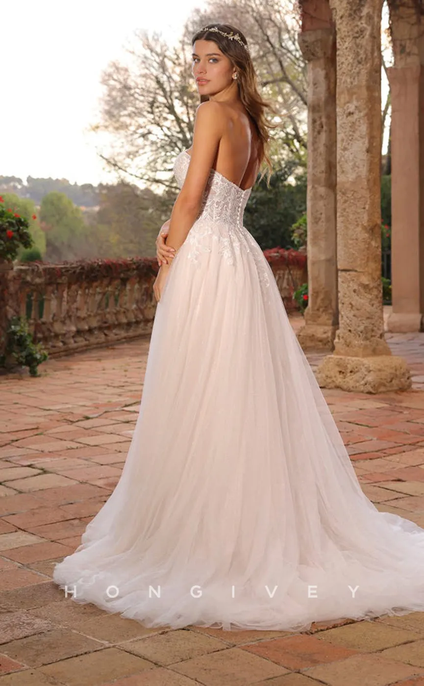 H1143 - Chic Tulle A-Line Sweetheart Strapless Puff Sleeves Gown With Side Slit Wedding Dress