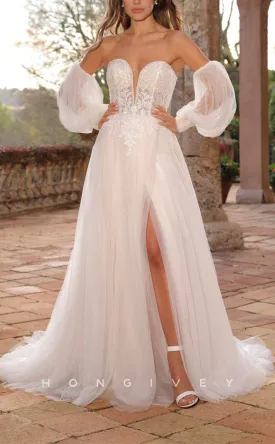 H1143 - Chic Tulle A-Line Sweetheart Strapless Puff Sleeves Gown With Side Slit Wedding Dress