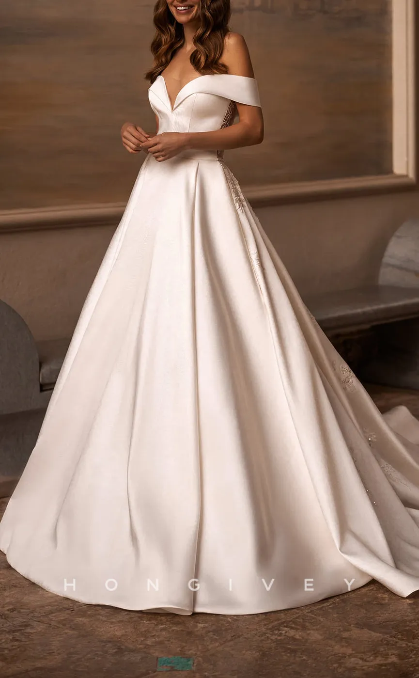 H1152 - Sexy Satin A-Line Off-Shoulder Empire Appliques With Train  Wedding Dress