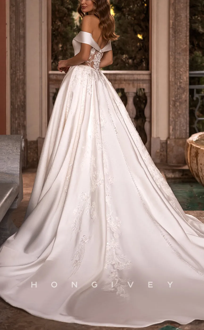 H1152 - Sexy Satin A-Line Off-Shoulder Empire Appliques With Train  Wedding Dress