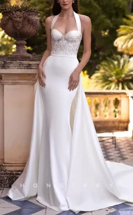 H1167 - Sexy Satin Fitted Sweetheart Halter Overskirt Gown Appliques Train Wedding Dress