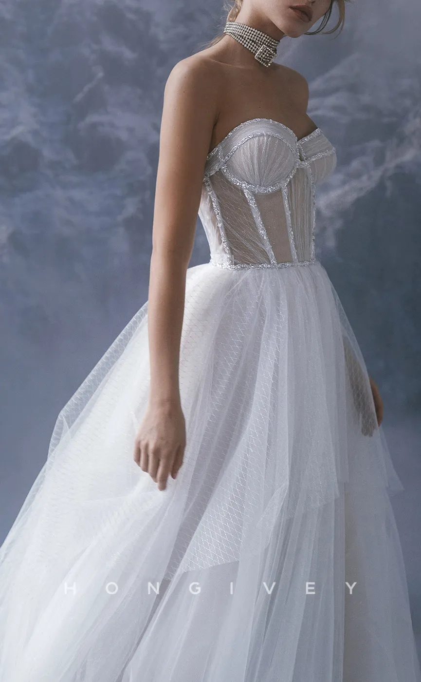 H1269 - Sexy Tulle A-Line Sweetheart Illusion Empire Beaded With Train Wedding Dress