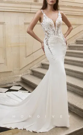 H1314 - Sexy Satin Trumpt V-Neck Spaghetti Straps Empire Illusion Beaded Appliques With Train Wedding Dress