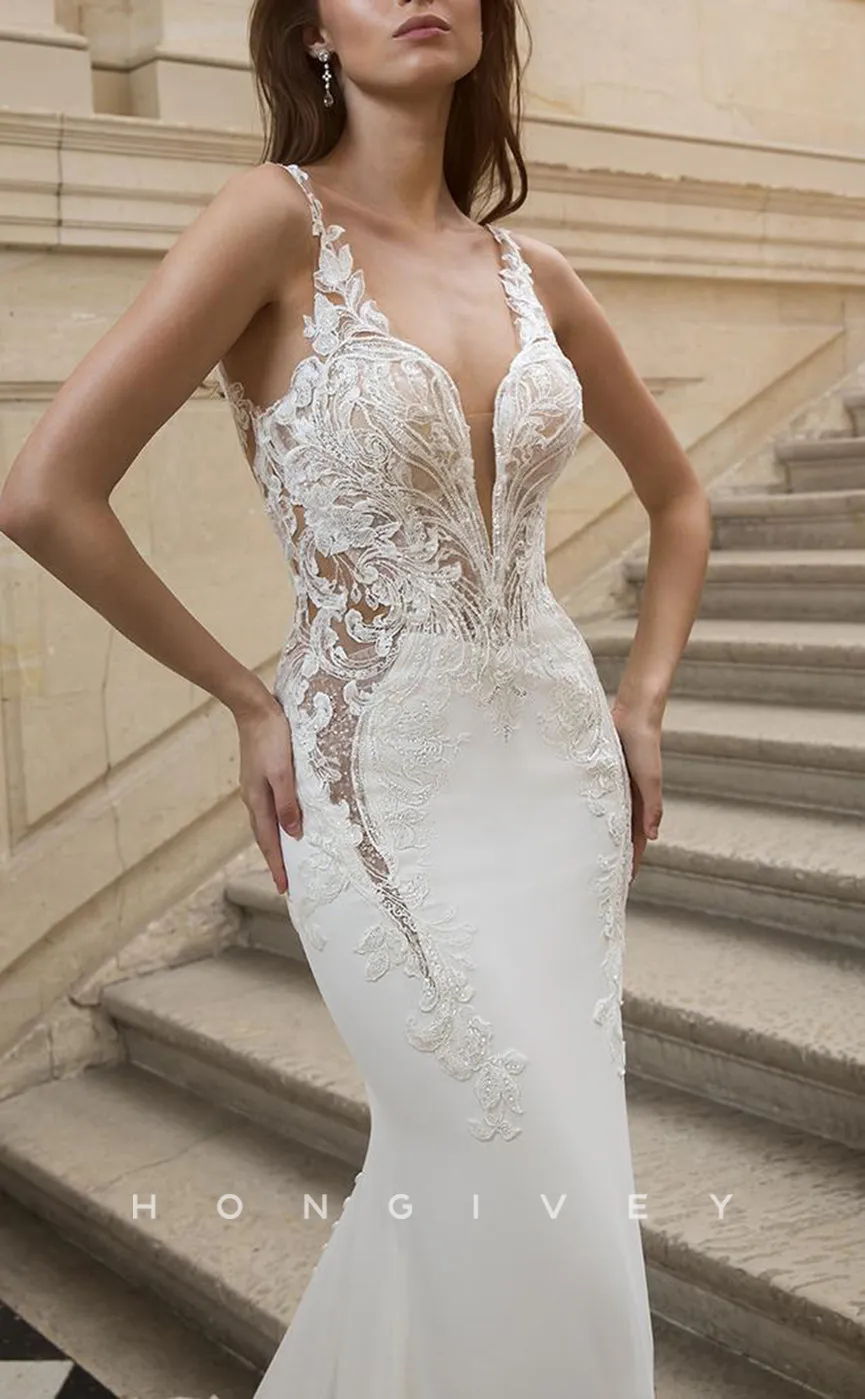 H1314 - Sexy Satin Trumpt V-Neck Spaghetti Straps Empire Illusion Beaded Appliques With Train Wedding Dress