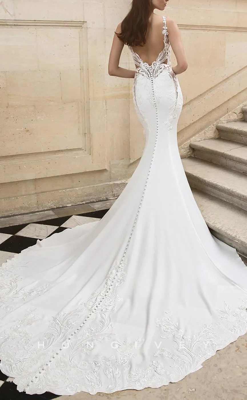 H1314 - Sexy Satin Trumpt V-Neck Spaghetti Straps Empire Illusion Beaded Appliques With Train Wedding Dress