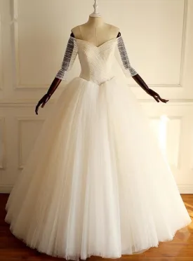 Half Sleeves Long A-line Tulle Beaded Wedding Dresses