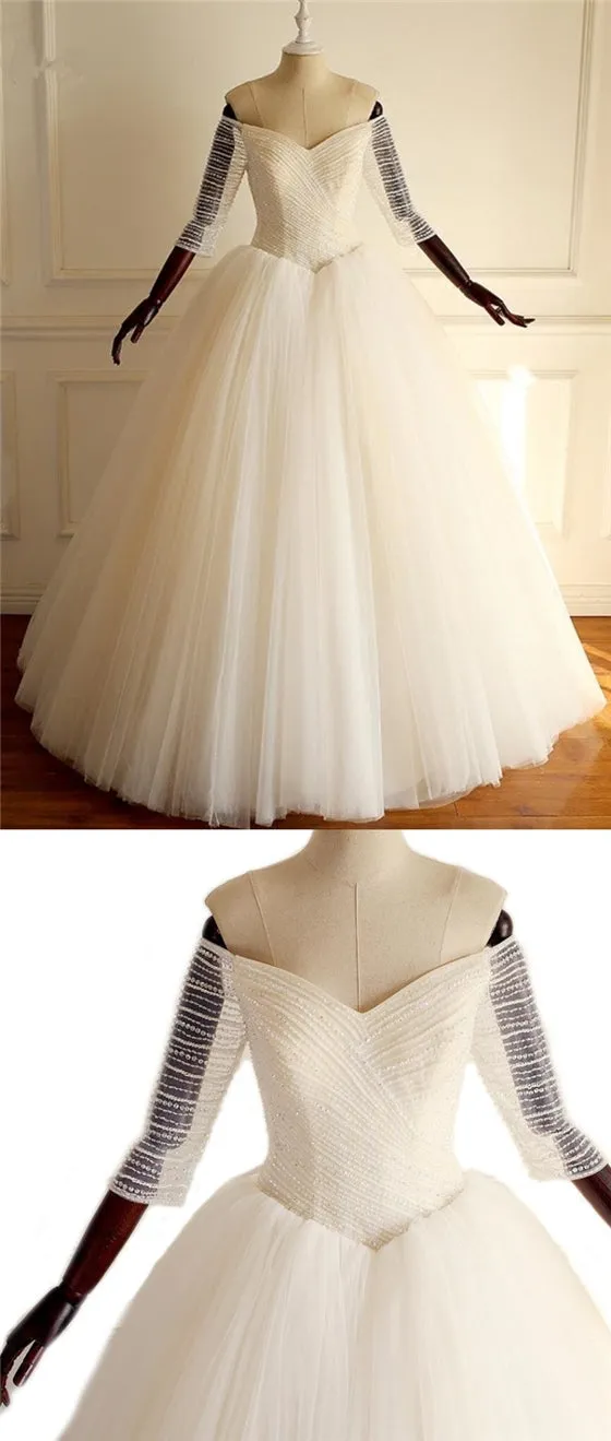 Half Sleeves Long A-line Tulle Beaded Wedding Dresses