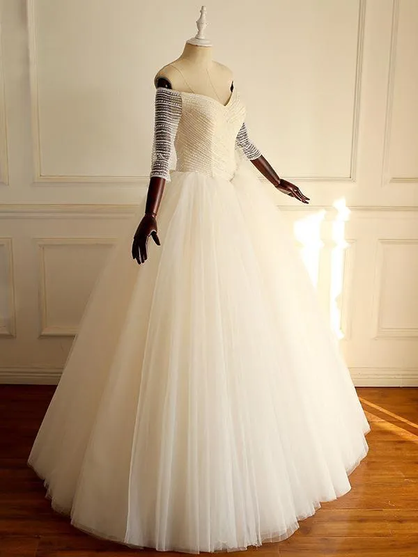 Half Sleeves Long A-line Tulle Beaded Wedding Dresses