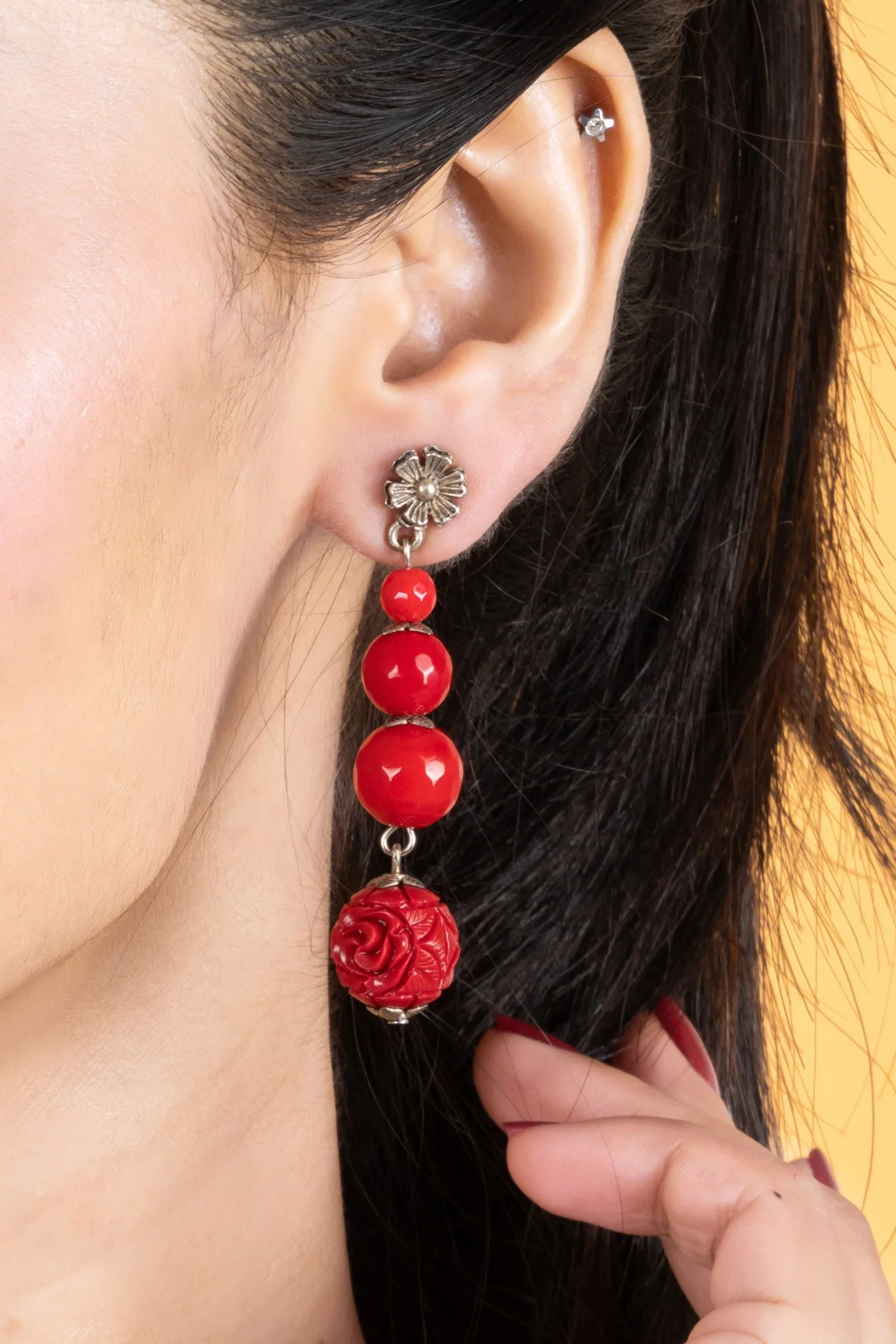 Handmade Red Onyx Cinnabar Floral Stud Dangler Earrings - Unique Semi-Precious Stone Jewelry