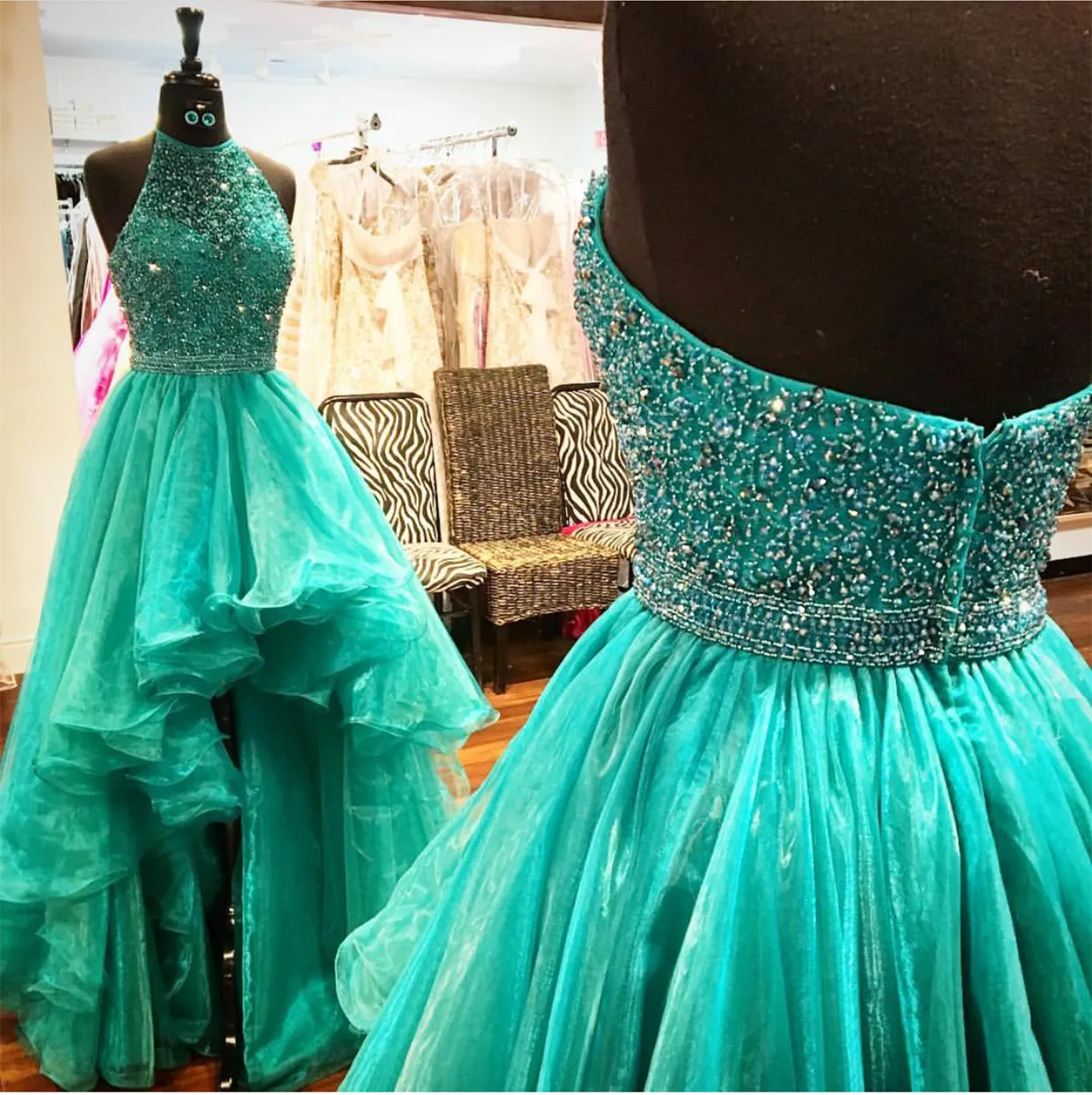 high low prom dresses 2020 halter green beaded organza sexy formal dress prom gown robe de soiree