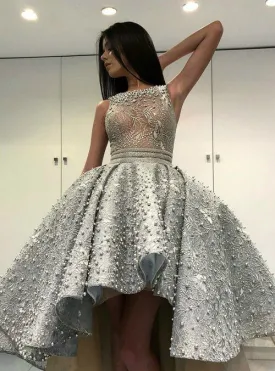 high low prom dresses 2020 luxury beaded silver sleeveless elegant prom gown vestido de graduacion