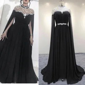 high neck beaded prom dresses long chiffon a line Dubai caftan crystals black elegant prom gown