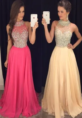 high neck beaded prom dresses long chiffon champagne or hot pink sleeveless elegant prom gown