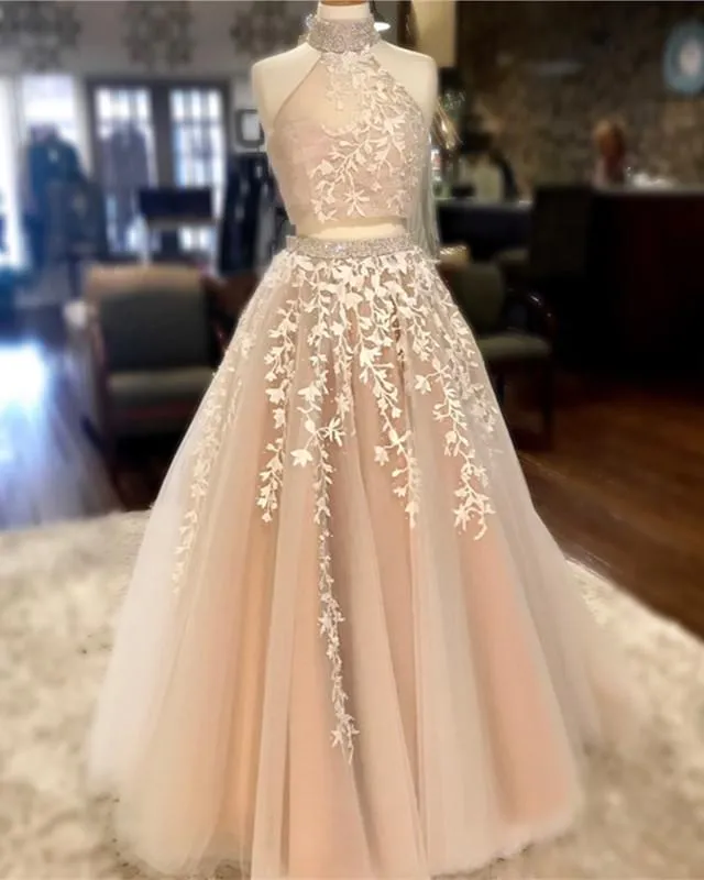 Two-Piece High-Neck Quinceanera Dress with Open Back - Tulle Prom Ball Gown