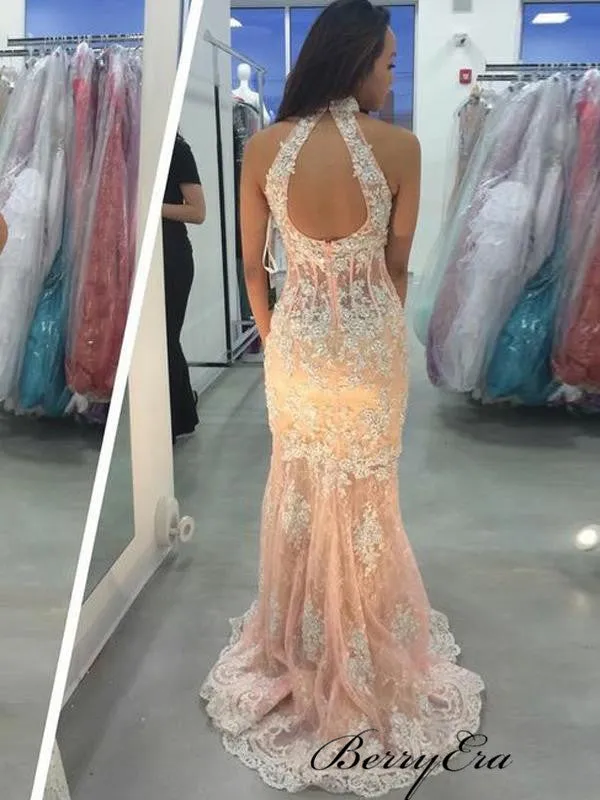 High Neck Sleeveless Prom Dresses, Lace Mermaid Prom Dresses Long