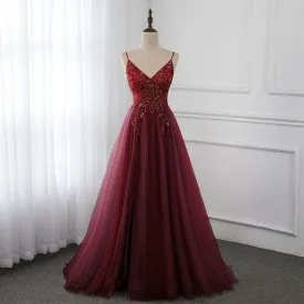 HIGH QUALITY BURGUNDY STRAPS BEADED LONG PARTY DRESS, LONG JUNIOR PROM DRESS KS3488