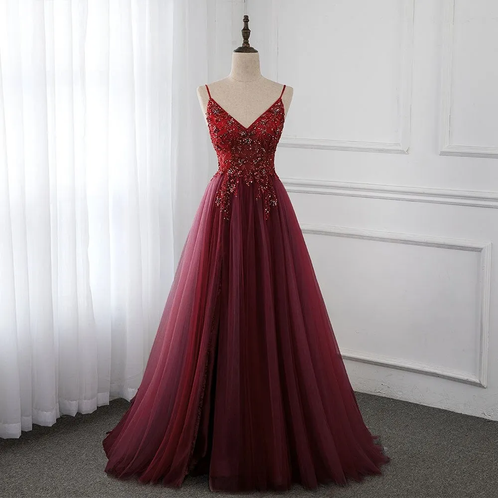 HIGH QUALITY BURGUNDY STRAPS BEADED LONG PARTY DRESS, LONG JUNIOR PROM DRESS KS3488