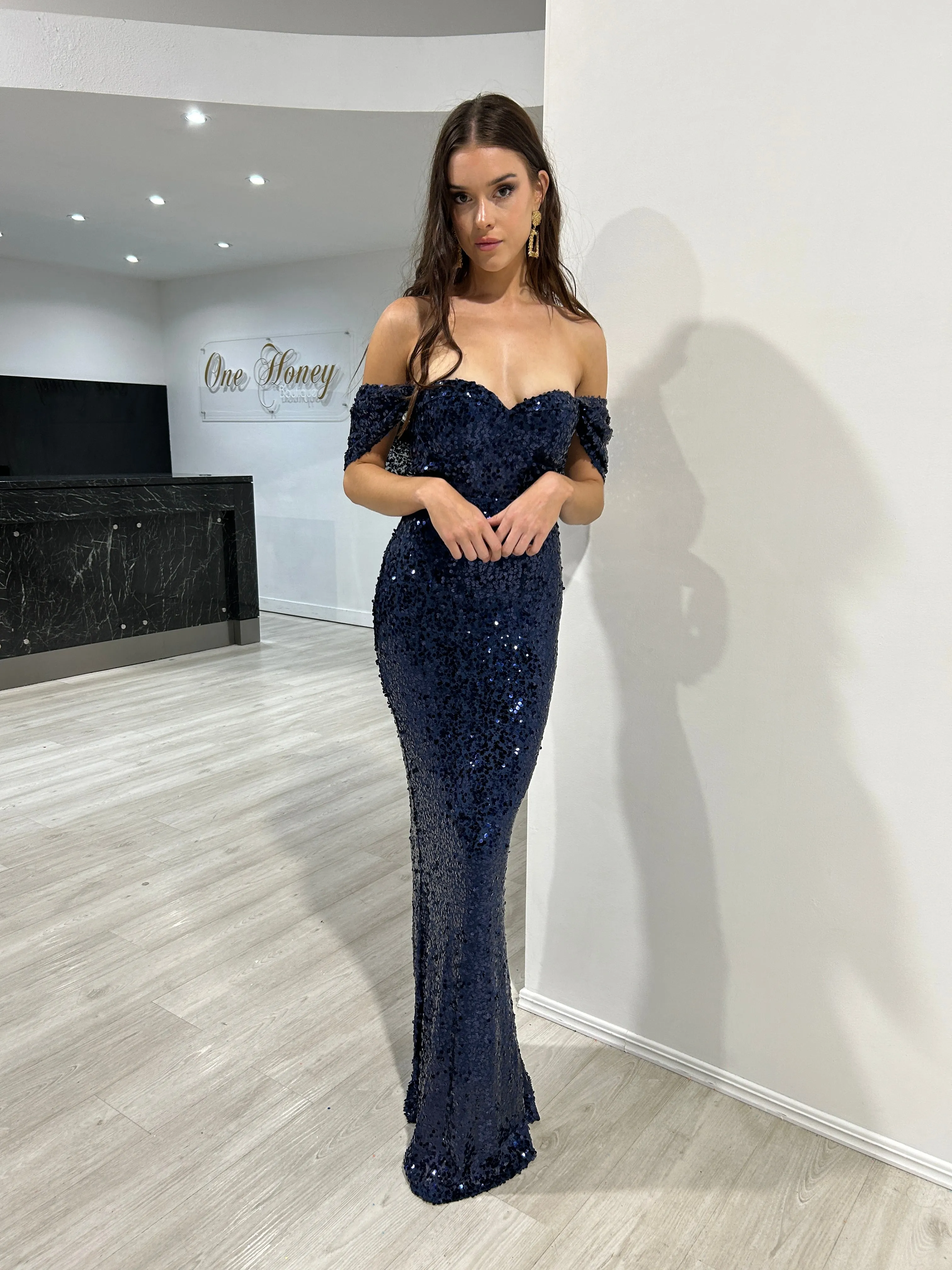 Honey Couture COLLEN Navy Off The Shoulder Mermaid Evening Dress