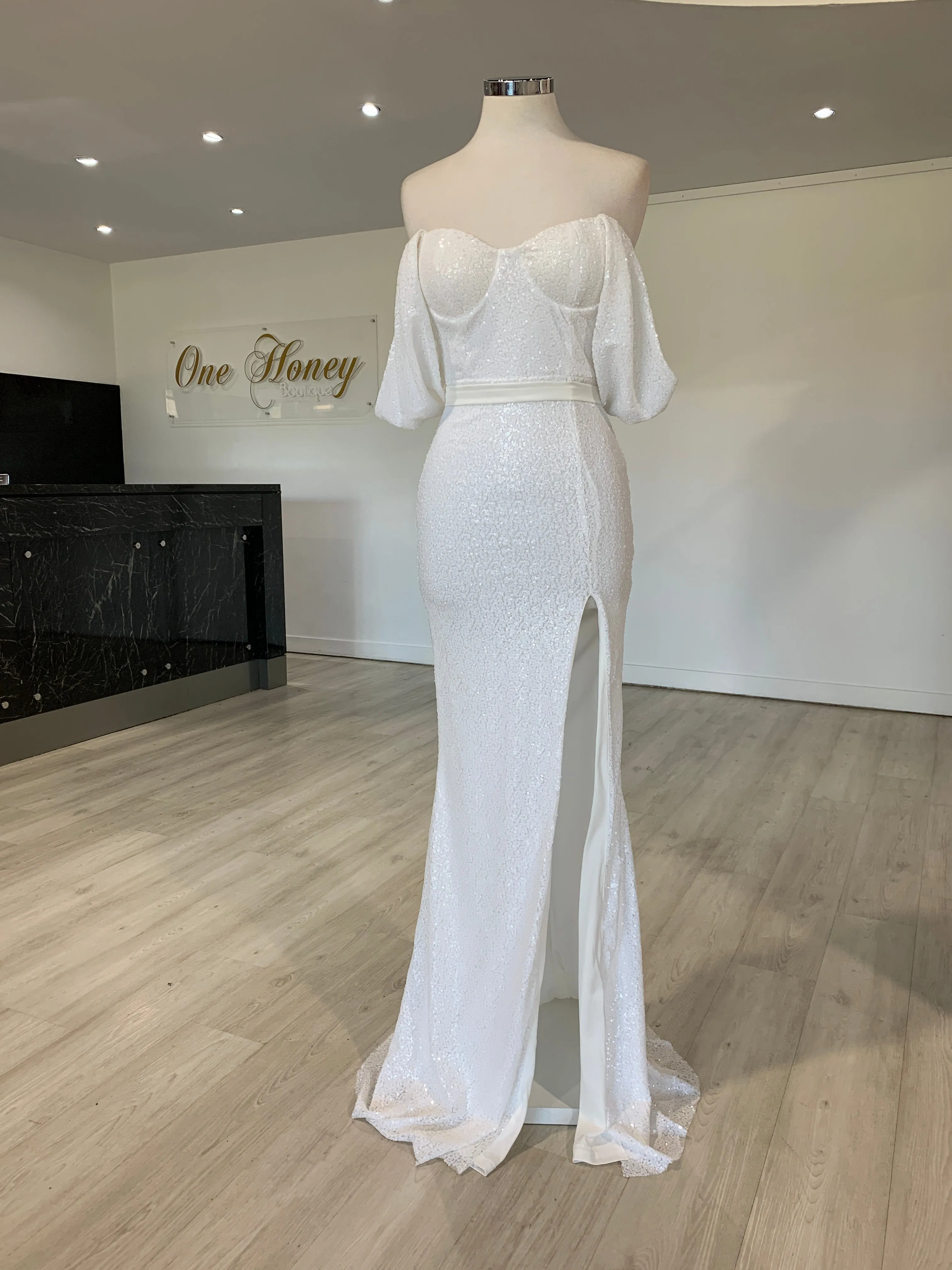 Honey Couture MIYA White Off Shoulder Bustier Sequin Evening Gown Dress