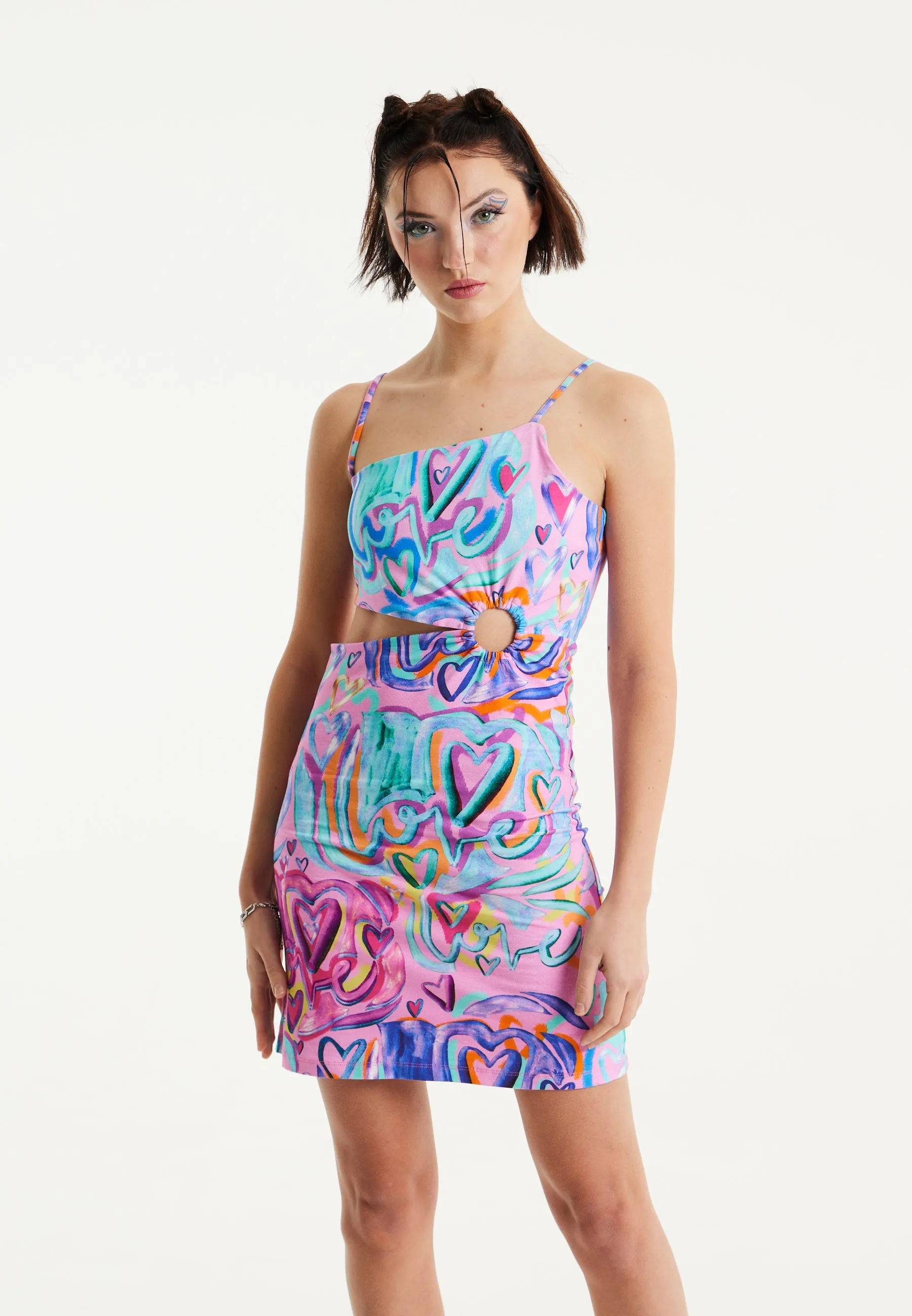 House Of Holland Heart Printed Jersey Mini Dress With Cut Out Details in Pink