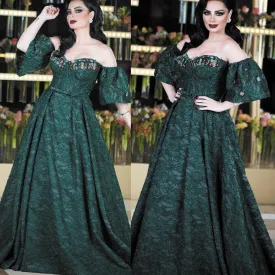 hunter green lace appliqué prom dresses long beaded off the shoulder cheap prom gown robe de soiree