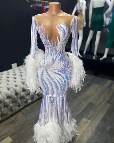 ILLUSION NECK LONG SLEEVES LUXURIOUS FUR SEQUIN MERMAID PROM DRESS SA105