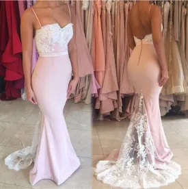 lace applique bridesmaid dresses long mermaid pink spaghetti straps cheap wedding party dress