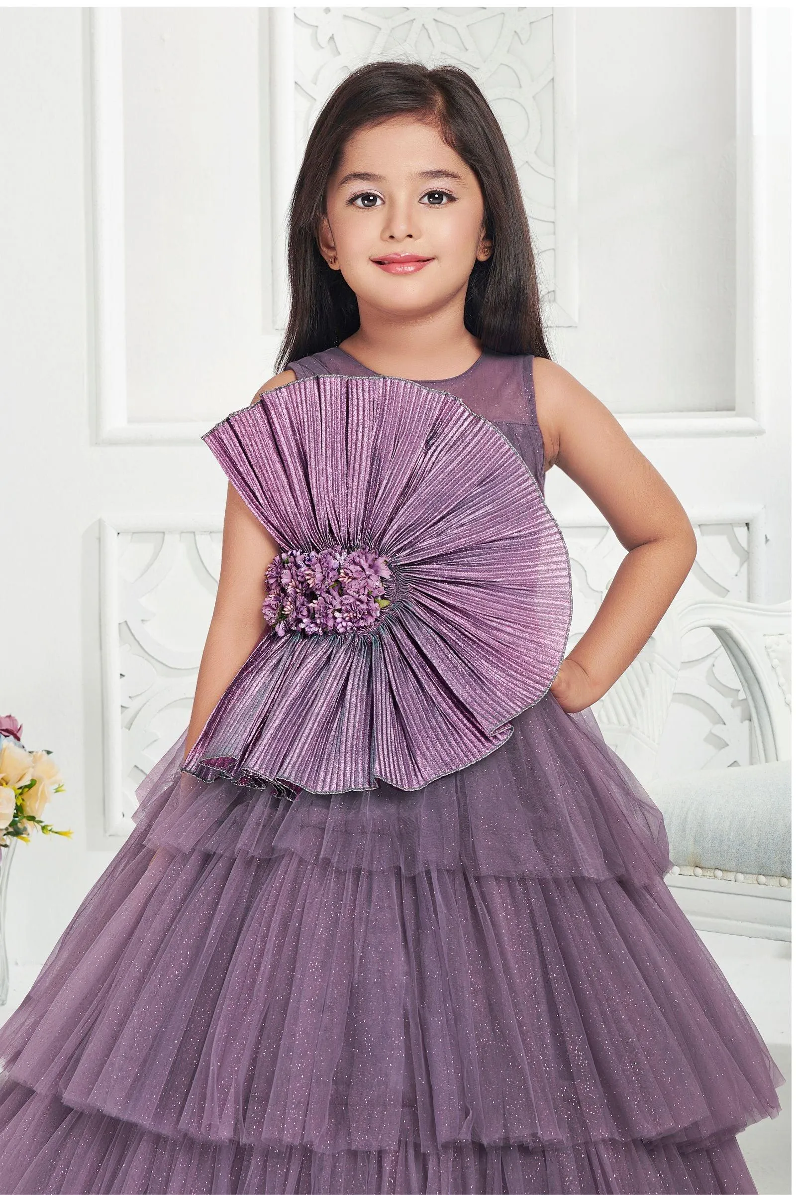 Lilac Netted and Glitter work Long Party Frock for Girls